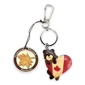 Canada Bear Holding Heart w/ Flag Print Keychain - Natural Wood Keyring Handmade