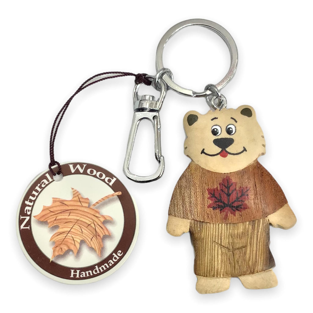 Canada Bear Keychain - Natural Wood Keyring Handmade
