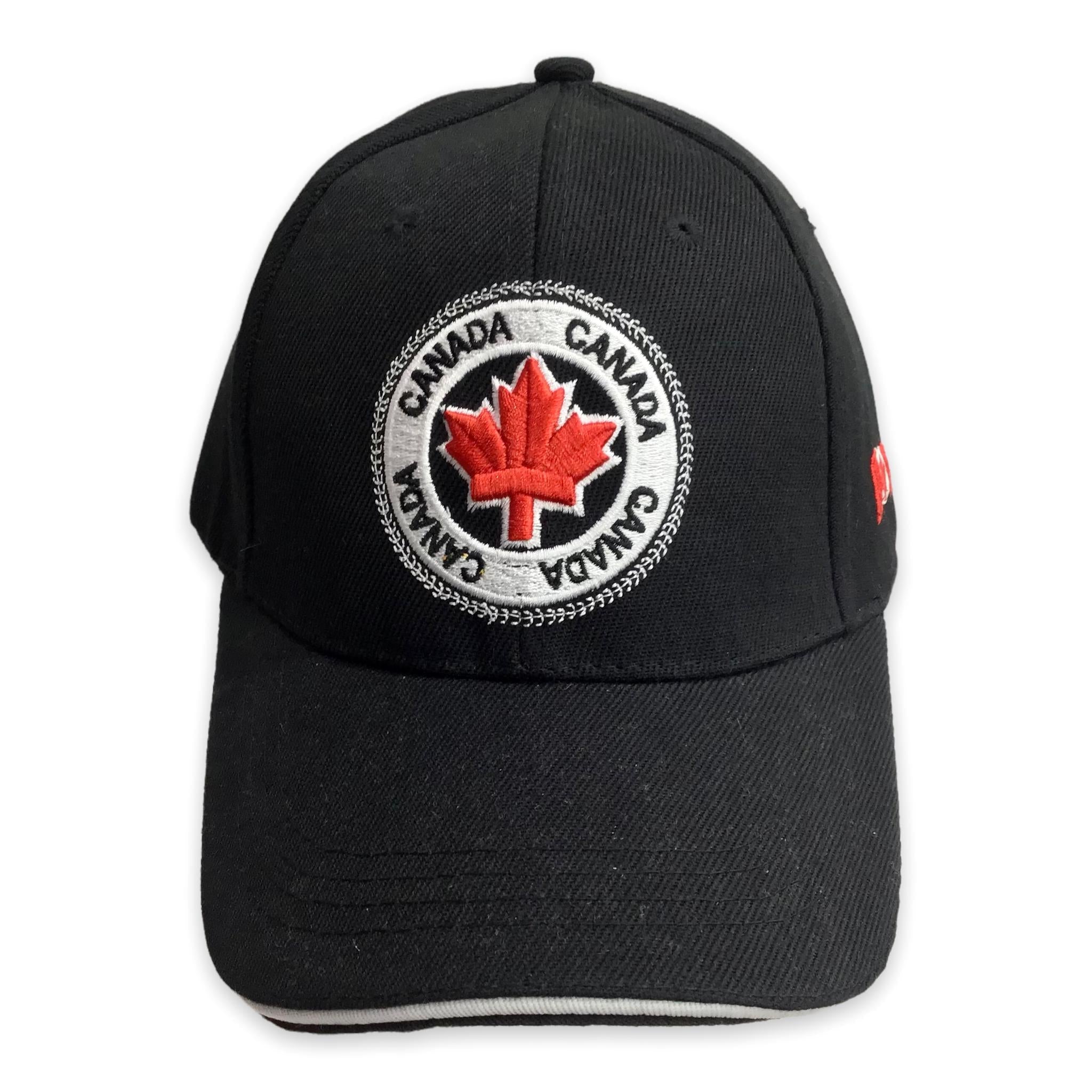 Canada Black Hat w/ Circle Stamp Maple Leaf Red & White Embroidered Baseball Cap - Classic Adjustable Cap Hat