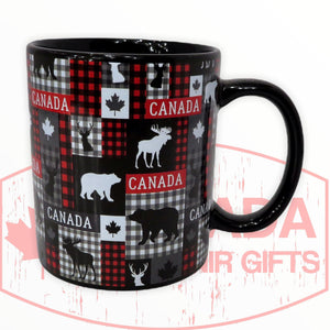 Canada Coffee Mug with Canadian Highlights - Moose, Bear, Deer and Maple Leaf - Plaid Themed Design