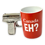 Canada Eh? Ceramic Coffee Mugs 2 Colors Silver and Red Gun Mugs | Silver Gun Shaped Handle| Silver Handle Funny Pistol Mug | Special Cool Gun Coffee Mug