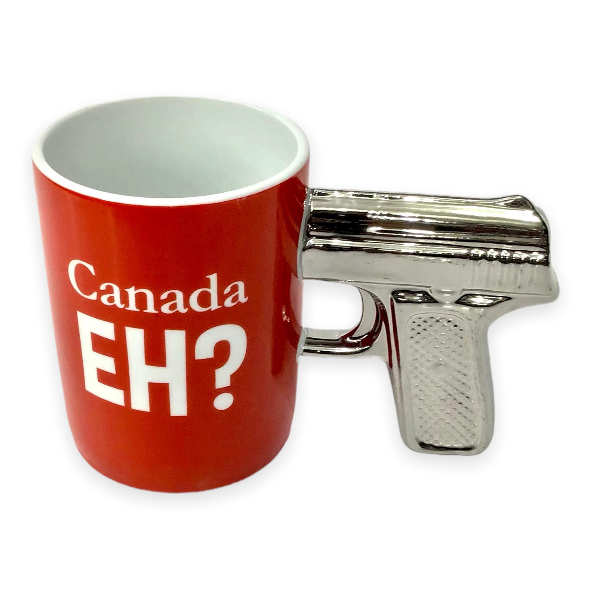 Canada Eh? Ceramic Coffee Mugs 2 Colors Silver and Red Gun Mugs | Silver Gun Shaped Handle| Silver Handle Funny Pistol Mug | Special Cool Gun Coffee Mug