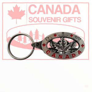 Canada Maple Leaf Oval Shaped Keychain - Bronze or Silver Color Variations - Metal Key Holder
