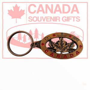 Canada Maple Leaf Oval Shaped Keychain - Bronze or Silver Color Variations - Metal Key Holder