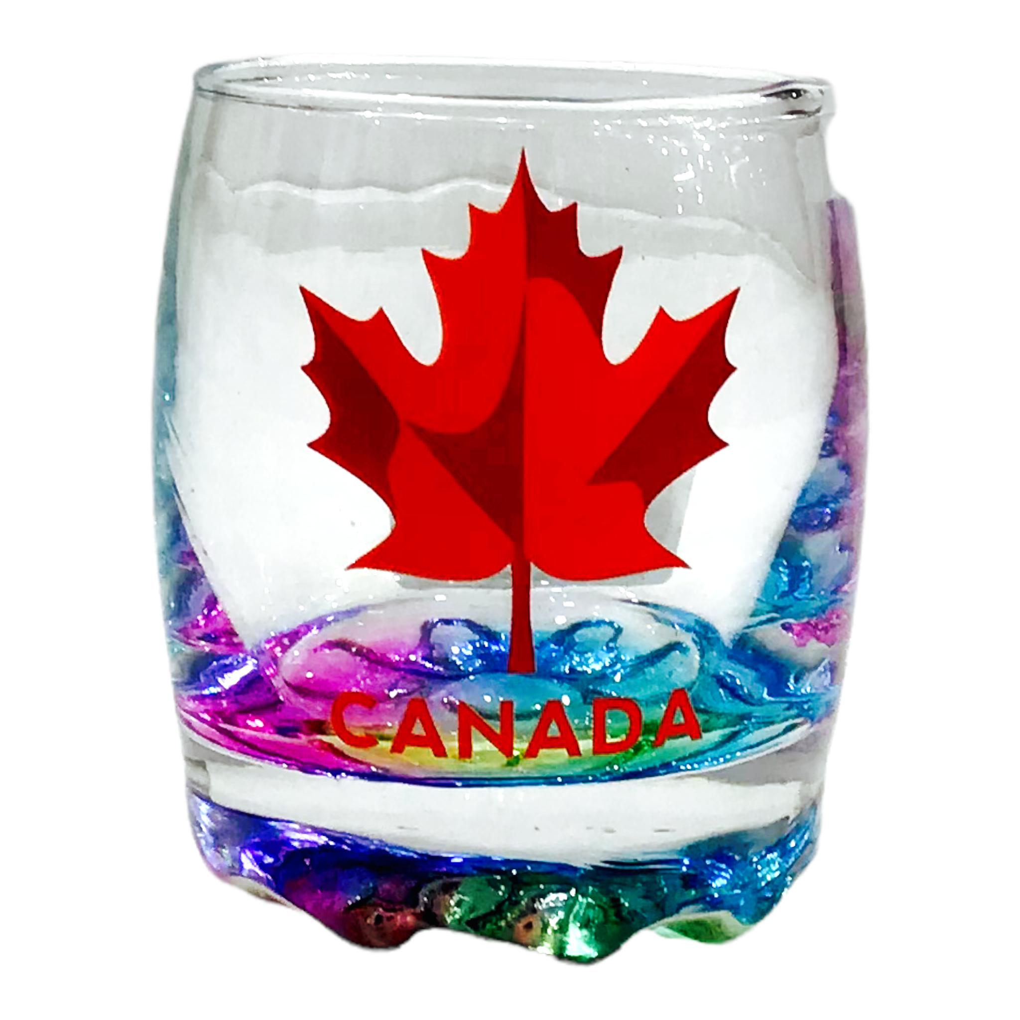 Canada Maple Leaf Red Theme Round shot glass with bubbled base and vibrant rainbow colors on the bottom Vodka Shooter Glass