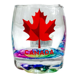 Canada Maple Leaf Red Theme Round shot glass with bubbled base and vibrant rainbow colors on the bottom Vodka Shooter Glass