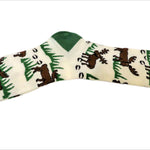 Canada Moose Unisex Men Women Fun Dress Casual Crew Funny Socks Canadian Souvenir Collection with Brown Moose w/ White and Green Pattern