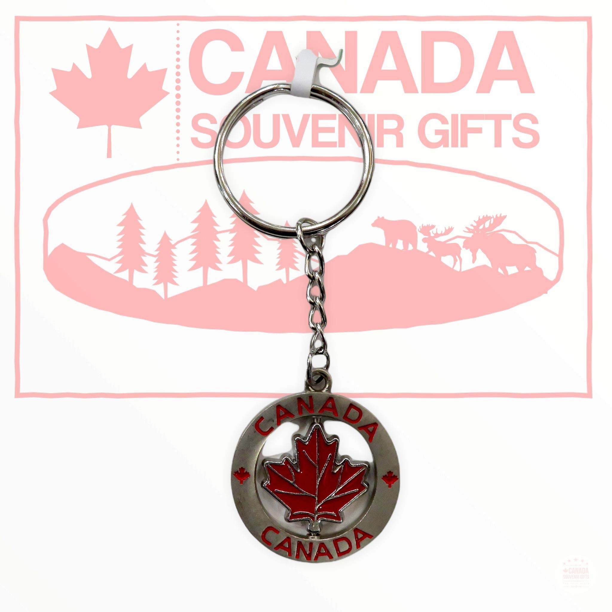 Canada Spinning Red Maple Leaf Keychain - Metal Diecast Key Ring