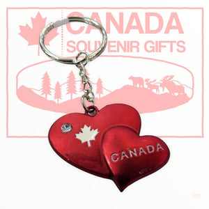 Canadian Keychain - Canada Double Red Heart Studded with Maple Leaf Key Holder