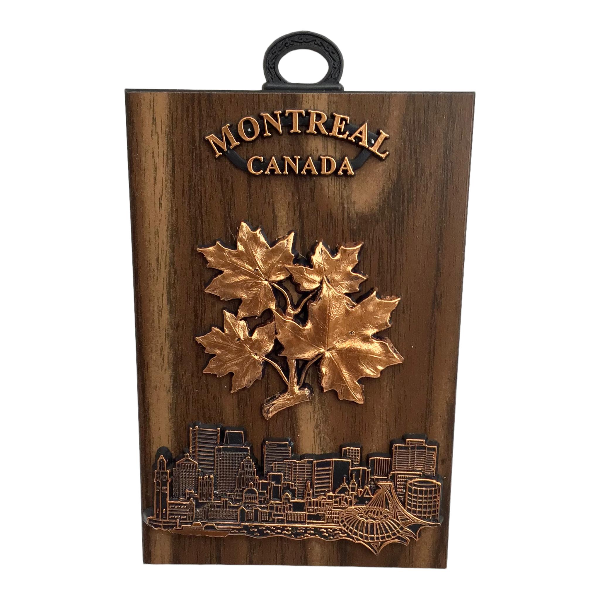 Canadian Maple Leaves Souvenir Wooden Wall Plaque Montreal Skyline Scene Figurine on Hickory 4”x6”