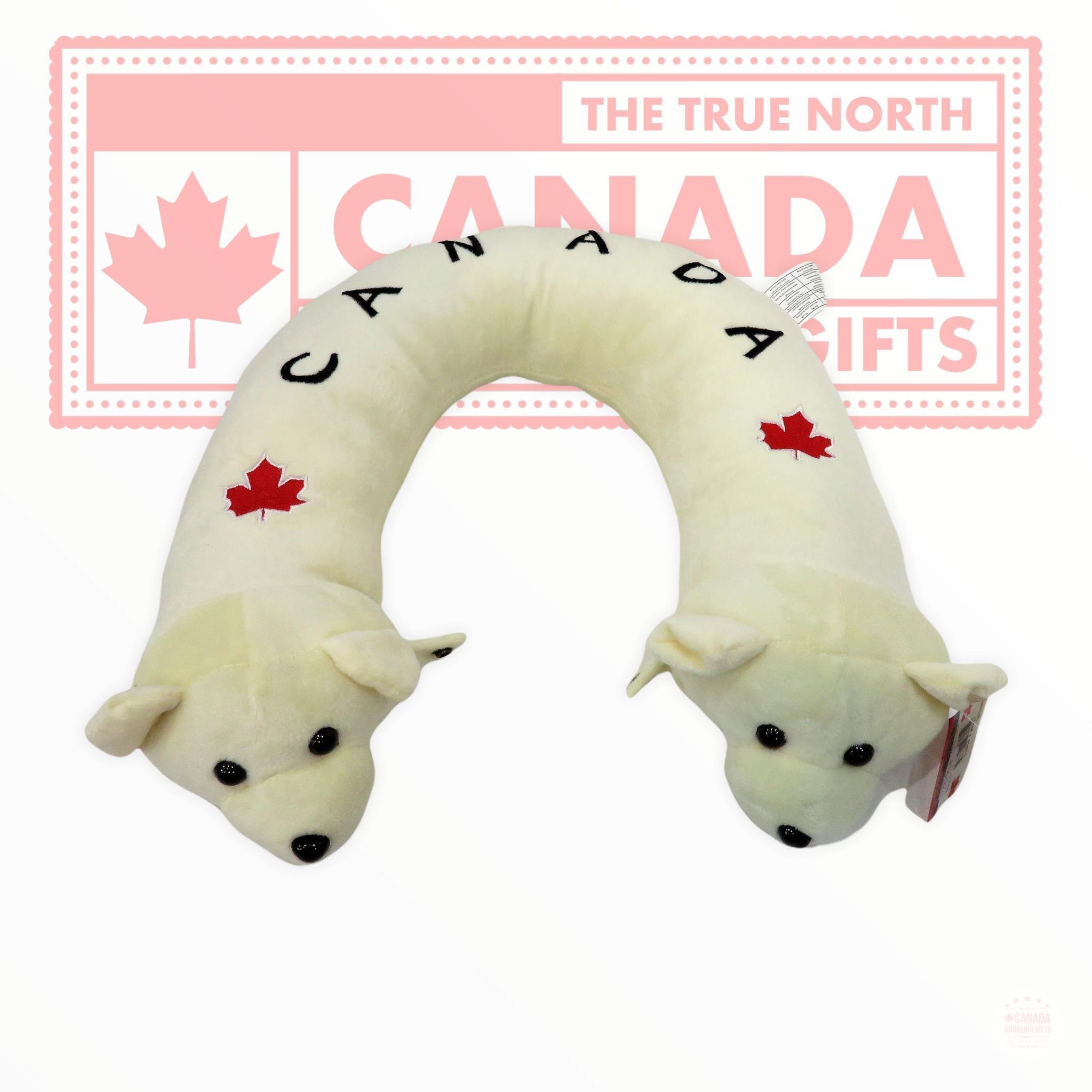 Canadian Polar Bear Plush Travel Neck Pillow - Canada Themed Design Double Headed White Bear