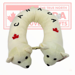 Canadian Polar Bear Plush Travel Neck Pillow - Canada Themed Design Double Headed White Bear