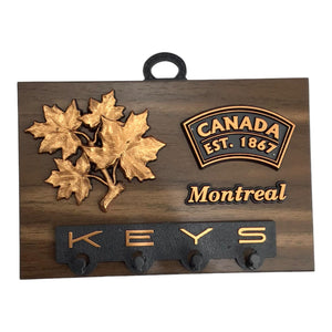 Canadian Souvenir Wall Plaque Maple Leaves with Key Holder on Hickory 6” x 4”
