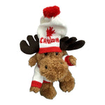 Canadian moose stuffed animal wearing sweater and toque, Canada and maple leaf themed design soft toy