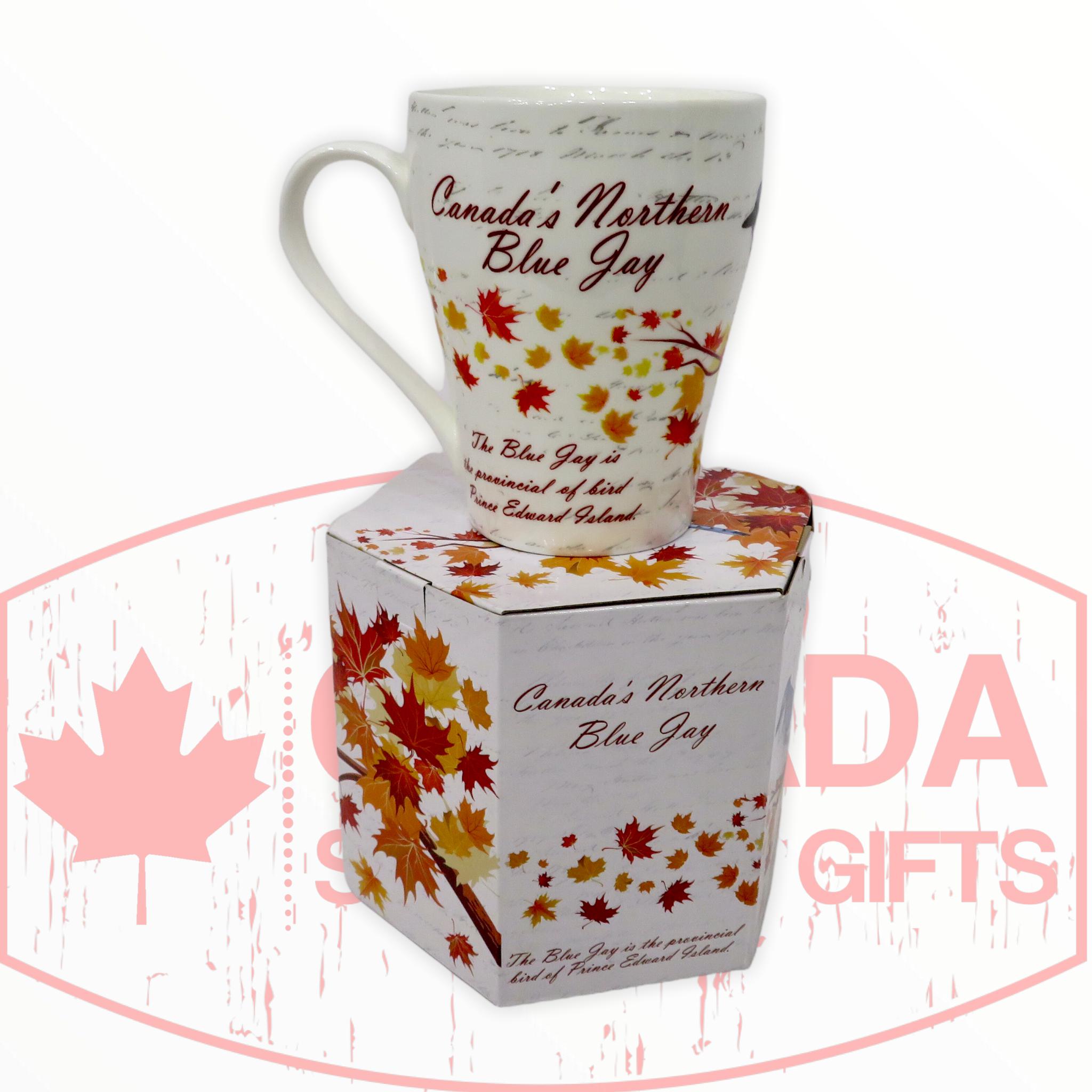 Coffee Mug - Beautiful Canada's Northern Blue Jay Bird Perched on the Maple Leaf Tree Tea Cup W/ Matching Box
