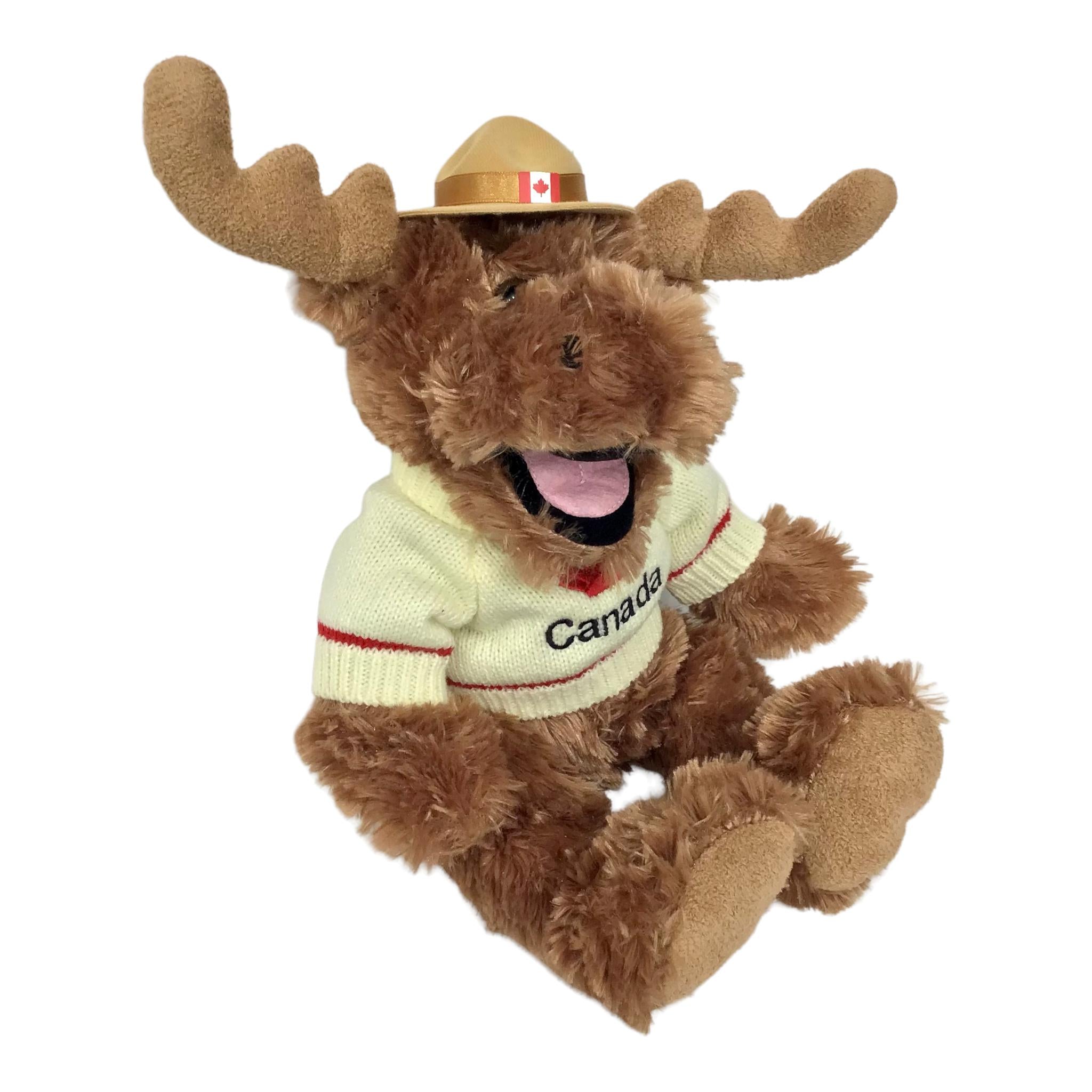 Happy laughing moose with off white Canada maple leaf embroidery 14” Stuffed Animal Plush Toy