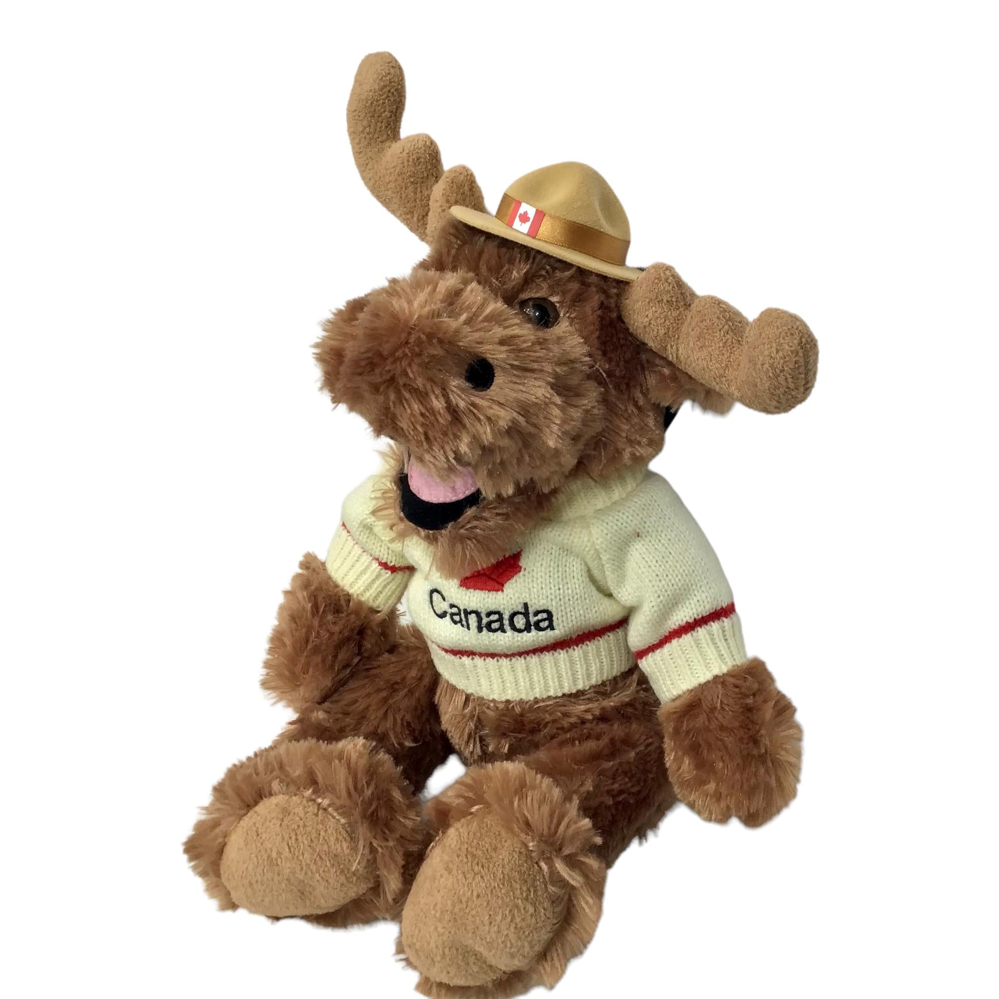 Happy laughing moose with off white Canada maple leaf embroidery 14” Stuffed Animal Plush Toy