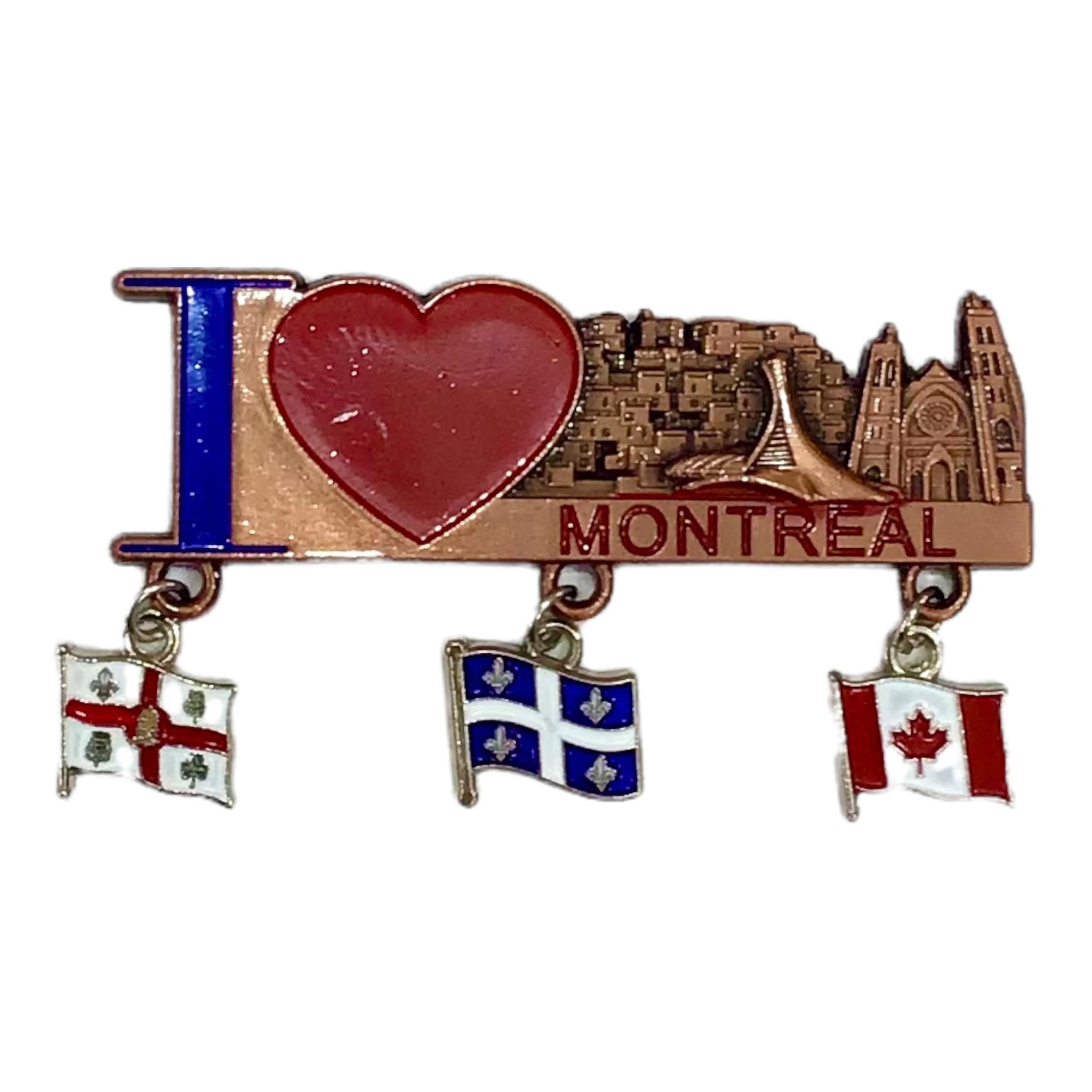 I love Montreal Skyline Landmark Magnet w/ Montreal Quebec Canada Flag Dangling