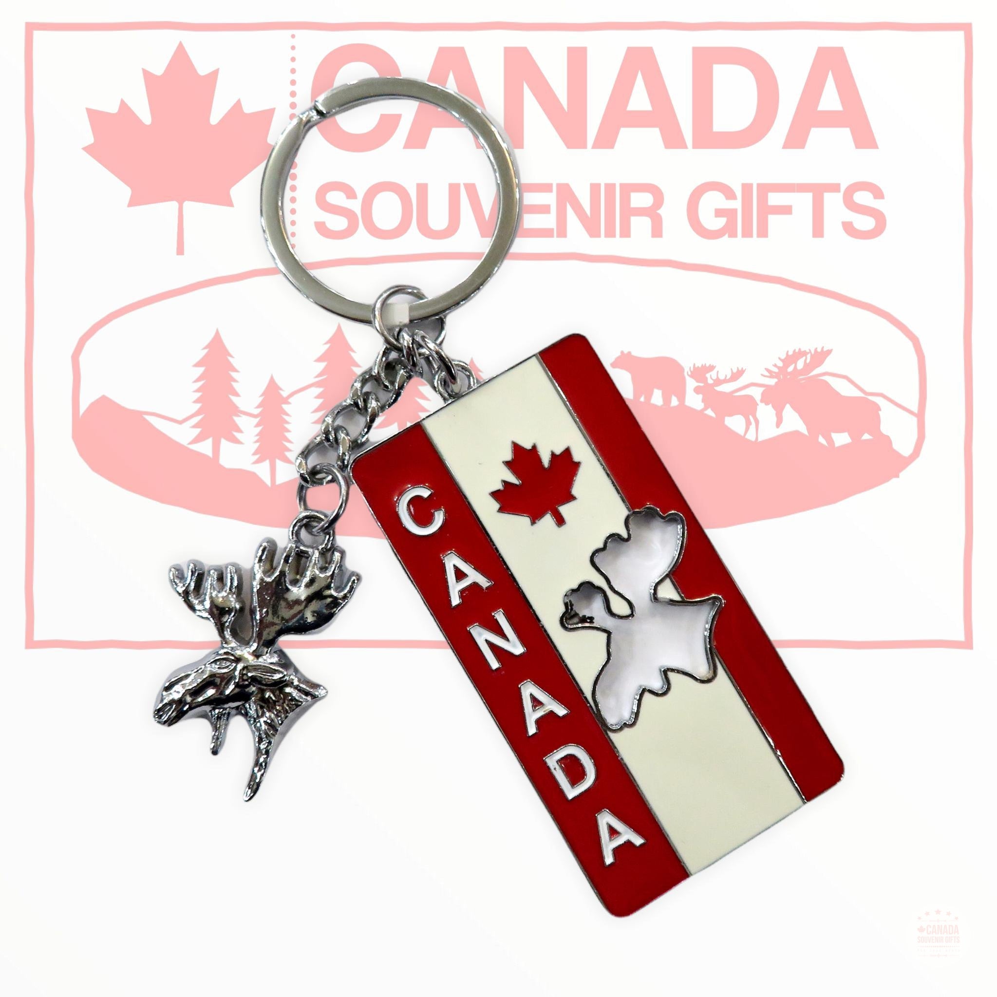 Key Fob - Canada Rectangle Keychain with Moose Head Pendant Keyring - High Quality Metal