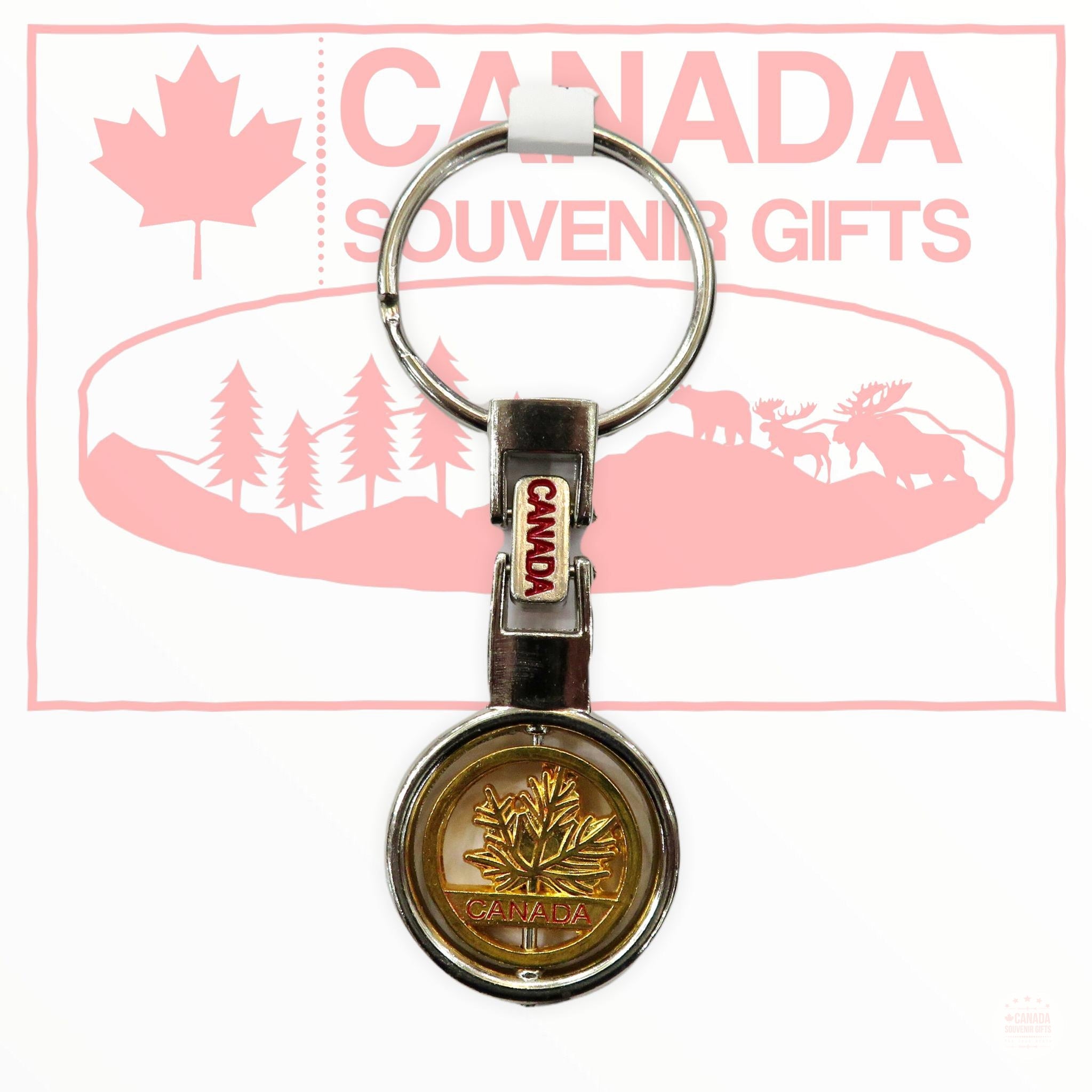 Key Holder - Canada Souvenir Key Chain Chrome with Golden Maple Leaf Spinning Keyring