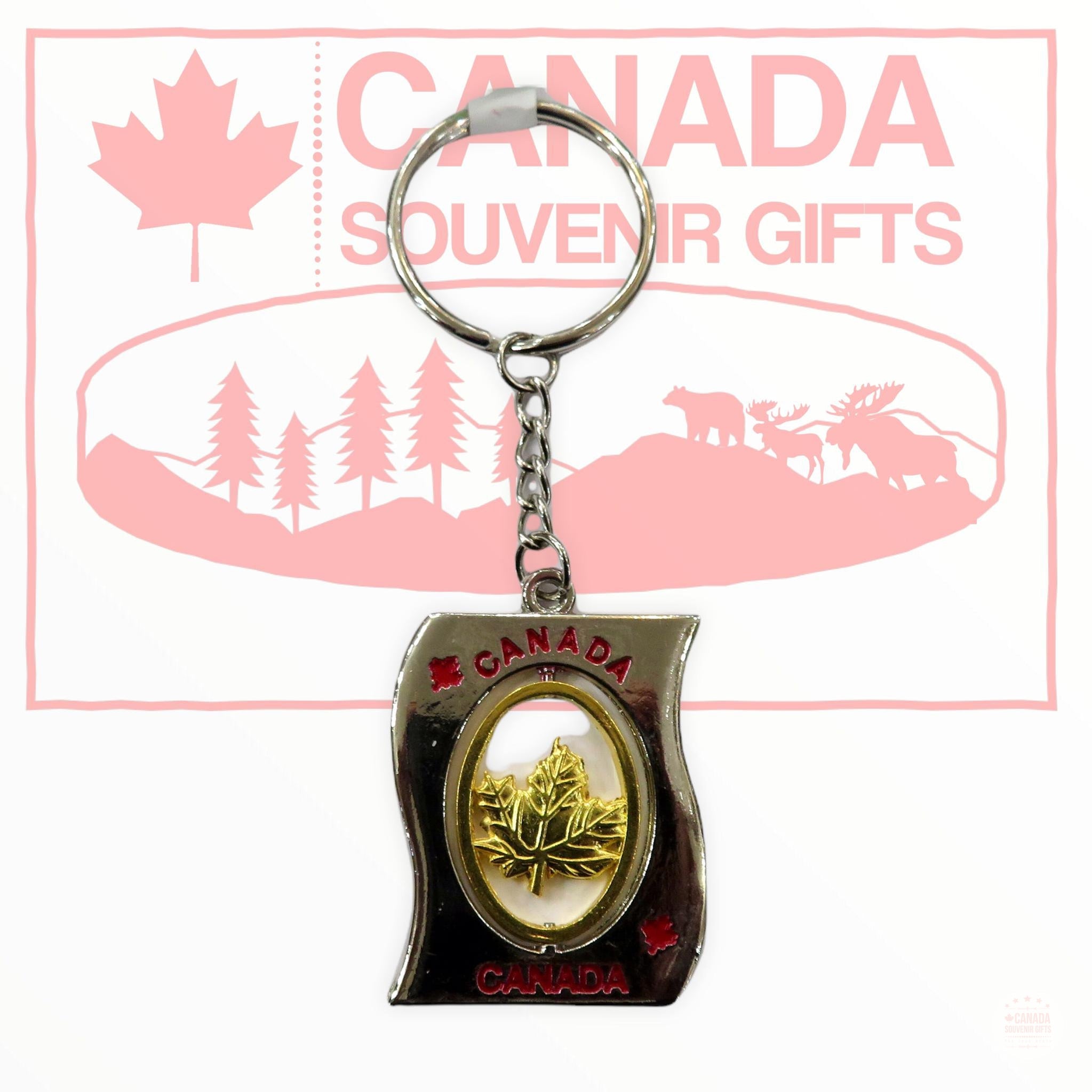 Key Ring - Canada waving Shaped Keychain with Golden Maple Leaf Spinning in the Centre - Metal Diecast Key Holder