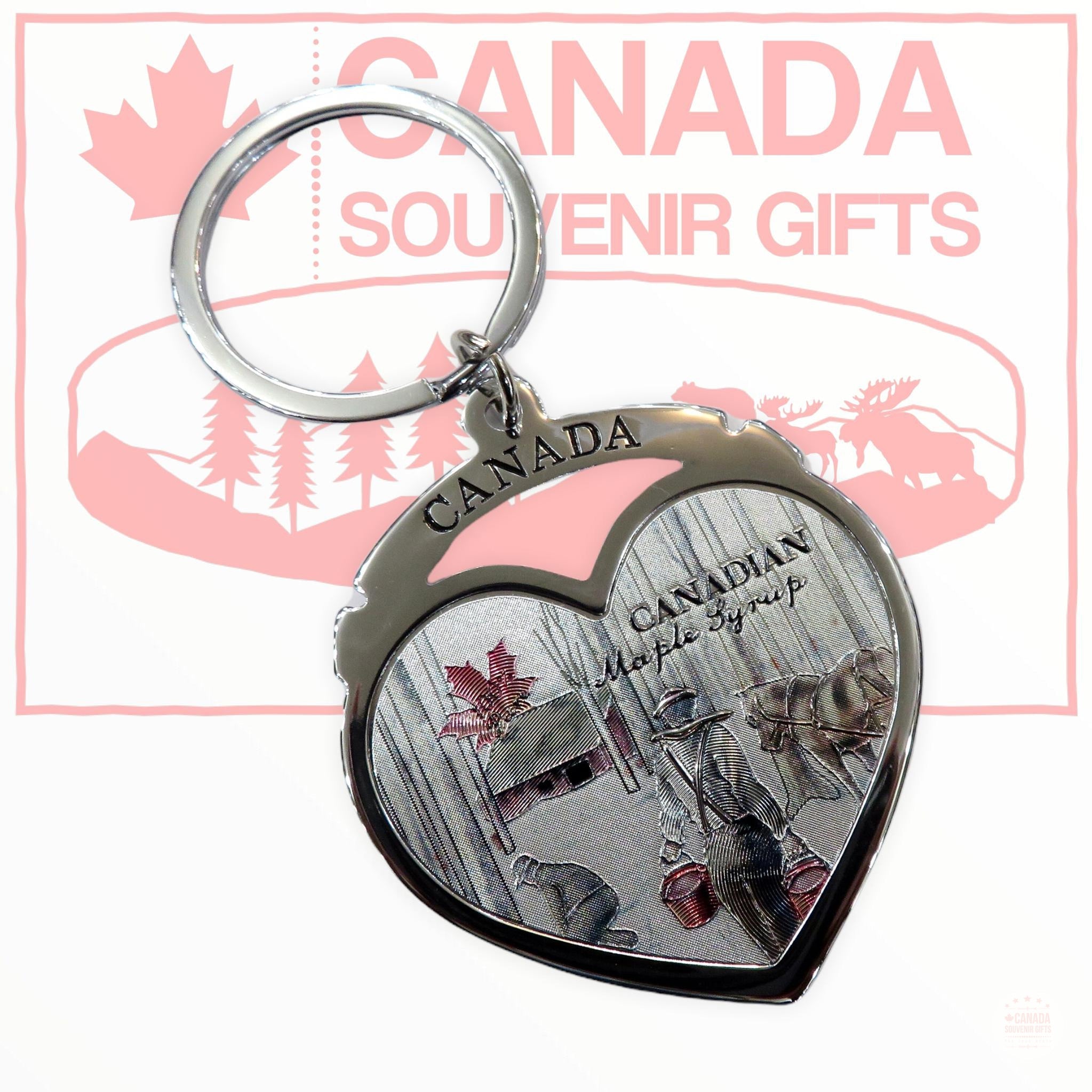 Keychain - Canadian Heart Shaped Metal Keyring - Key Fob Canada Maple Syrup Key Holder