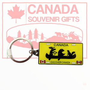 Keychain - Discover Canada - Beaver, Bear, Moose On Boat Souvenir CAR License Plate Shaped Keyholder