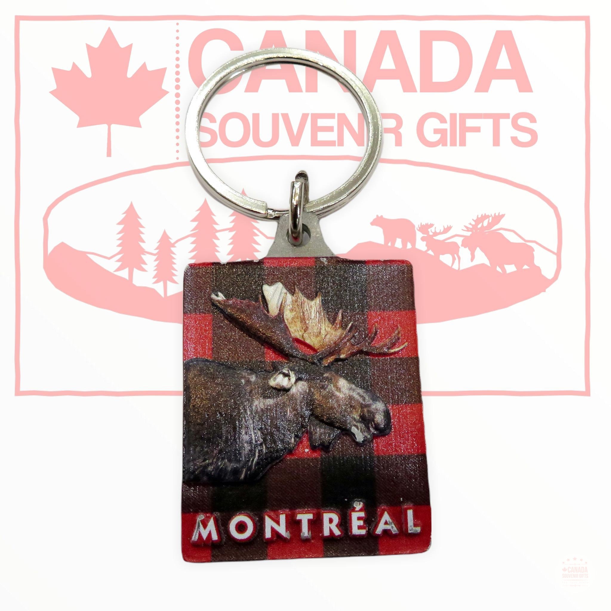 Keychain - Montreal Moose Key Ring with Buffalo Plaid Pattern Background Metal Key Holder