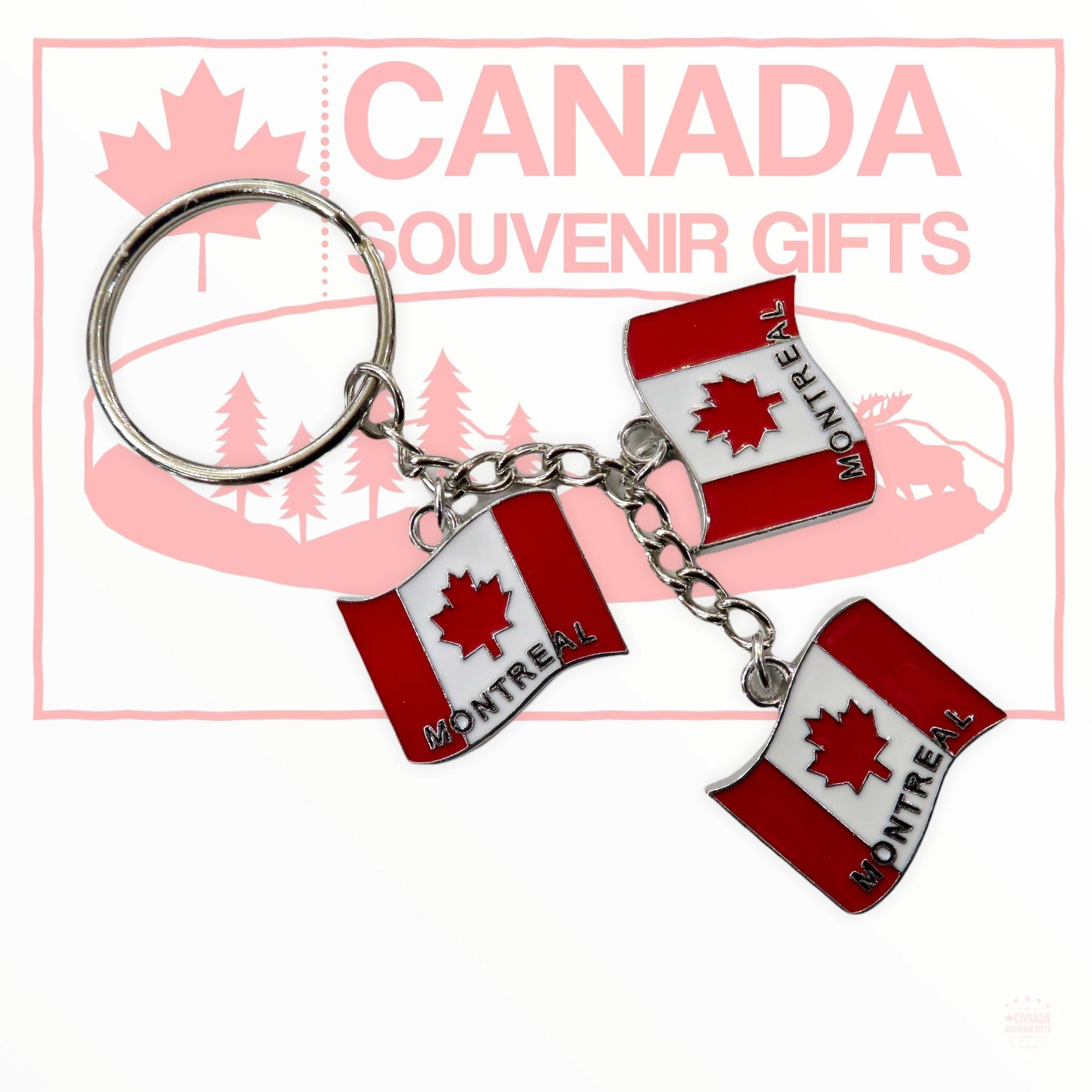 Keychain - Waving 3 Canadian Flags Key Ring - Montreal Metal Diecast Key Holder