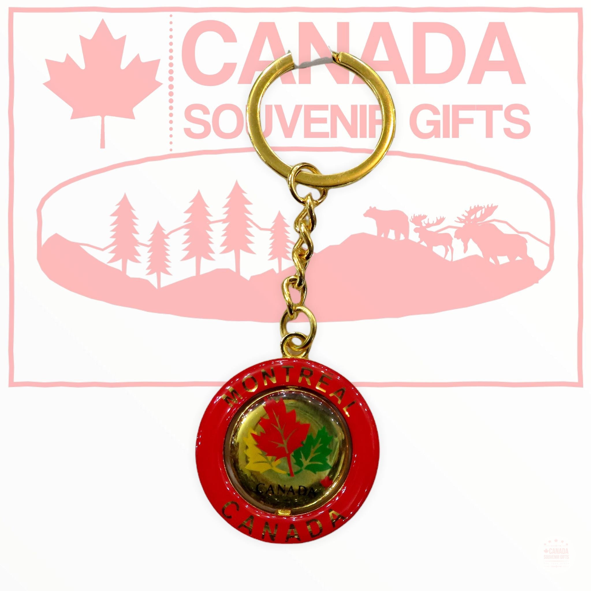Keychain - Yellow/Red/Green Maple Leaf Spinner - Canada Keyring
