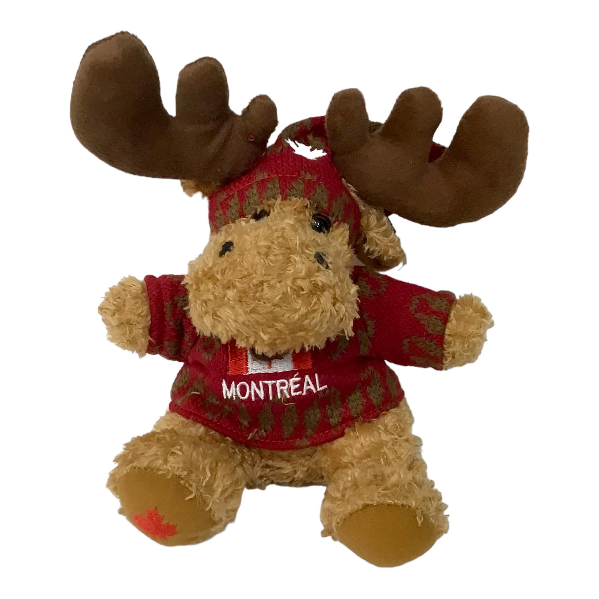 MOOSE MONTRÉAL STUFFED ANIMAL 9” W/ RED GREEN KNITTING SWEATER CANADA FLAG EMBROIDERY & MAPLE LEAF HAT