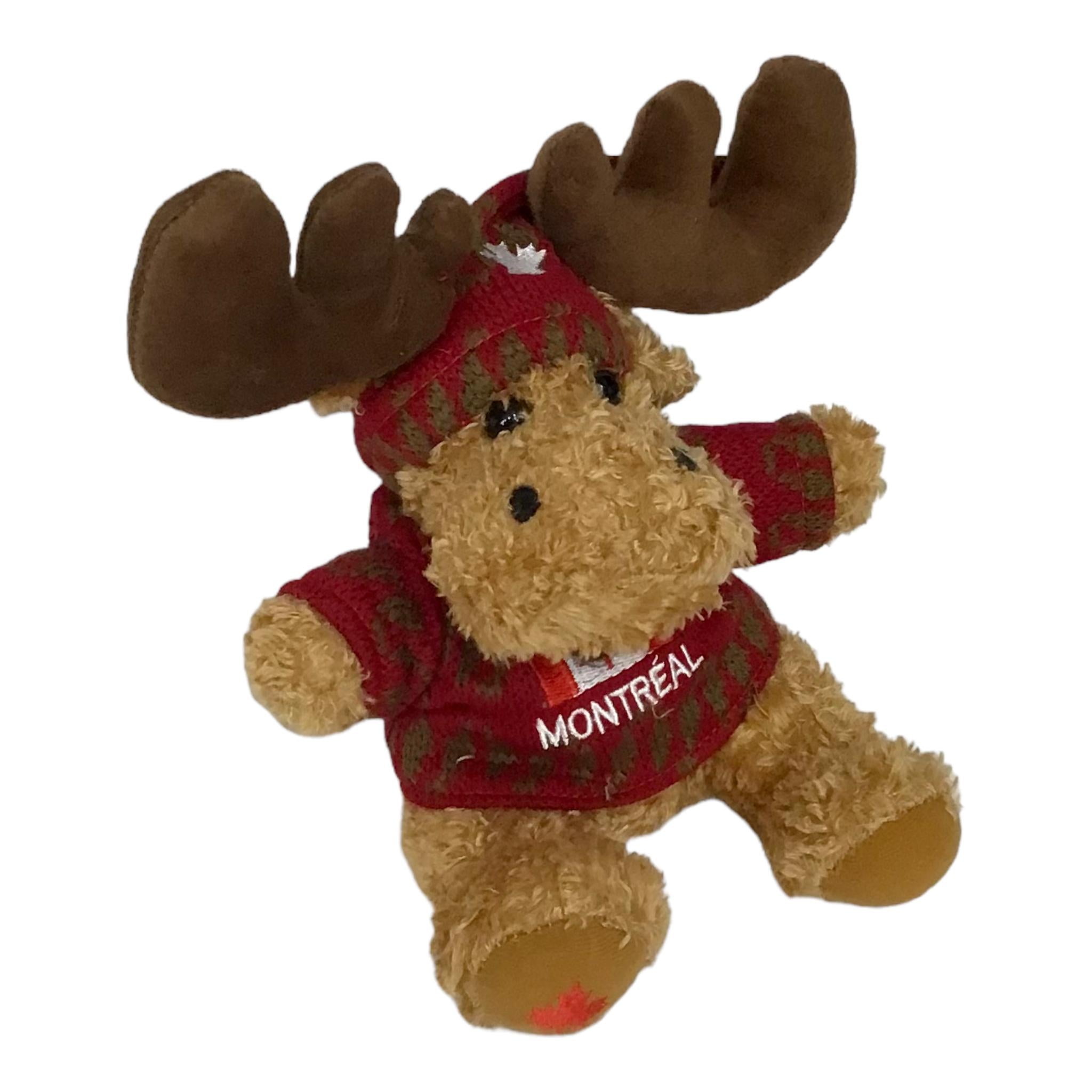 MOOSE MONTRÉAL STUFFED ANIMAL 9” W/ RED GREEN KNITTING SWEATER CANADA FLAG EMBROIDERY & MAPLE LEAF HAT