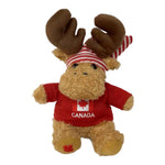 MOOSE STUFFED ANIMAL 9” W/ RED KNITTING SWEATER CANADA FLAG EMBROIDERY & RED / WHITE STRIPED HAT