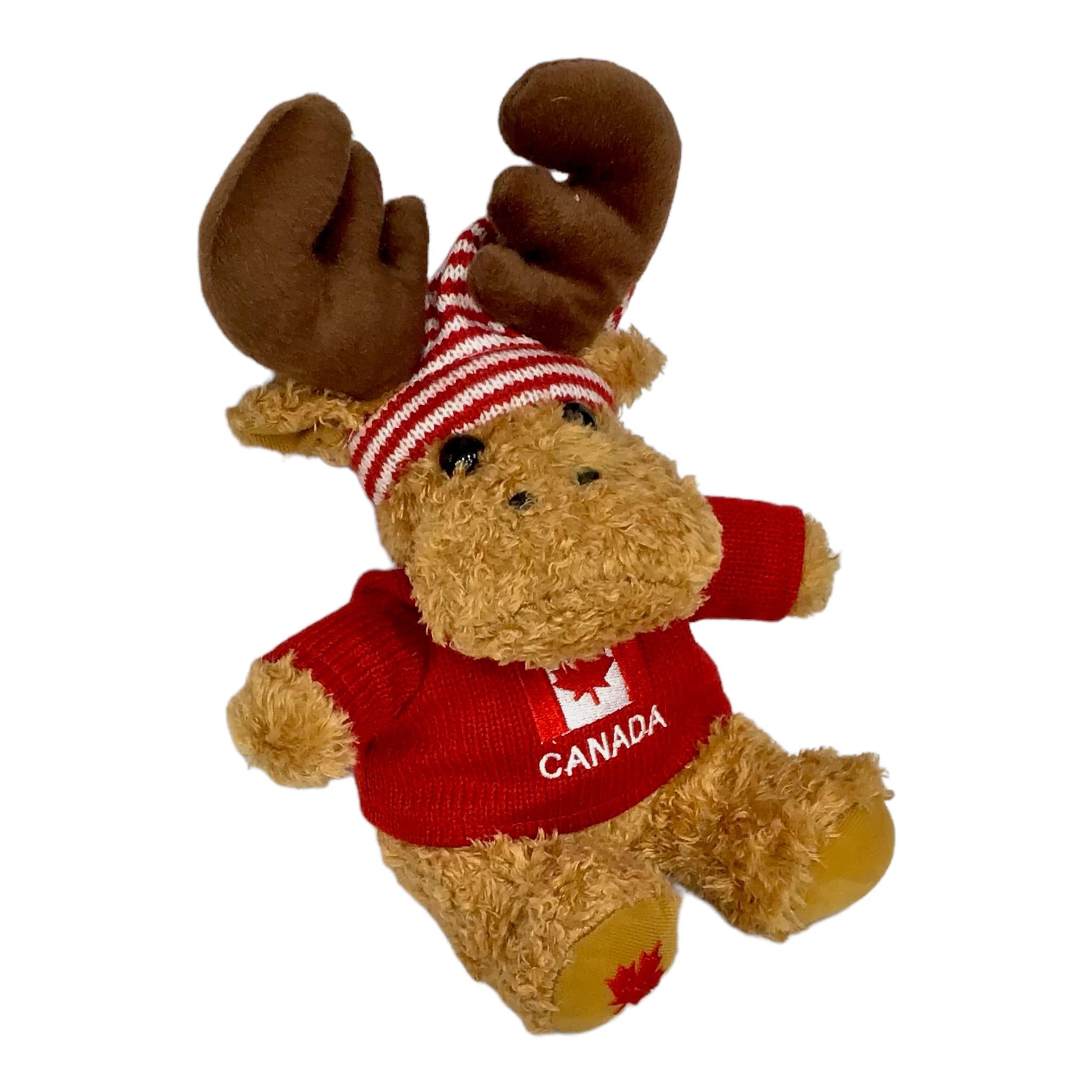 MOOSE STUFFED ANIMAL 9” W/ RED KNITTING SWEATER CANADA FLAG EMBROIDERY & RED / WHITE STRIPED HAT