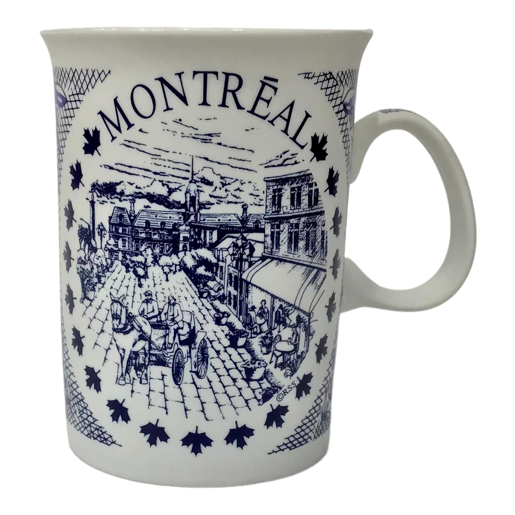 MUG MONTREAL SCENIC VINTAGE PRINT W/ HISTORY TEXT TEA CUP WHITE AND BLUE