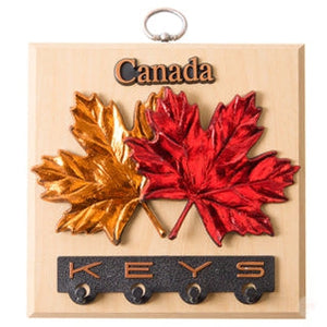 Made in Canada Maple Leaves with Key Holder on Maple 6 x 6 inch Wall Plaque