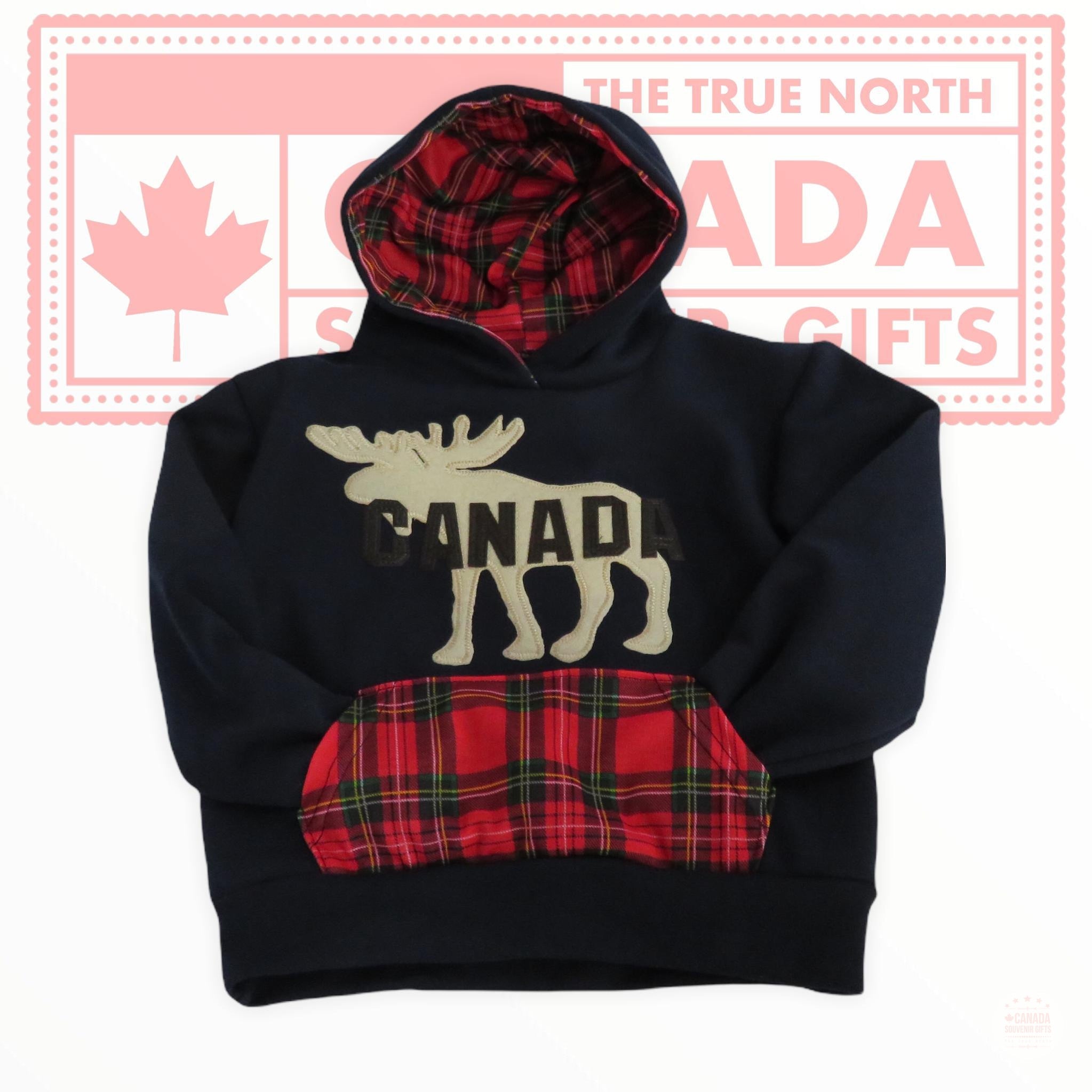 Made in Canada Moose Pullover Hoodie Navy or Charcoal w/ Buffalo Plaid Pocket Kids | Size 2-8 Years Old Children