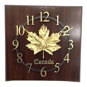 Made in Canada Wall Clock - Golden Maple Leaf w/ Numbers Crests Surrounding the Center Maple Leaf