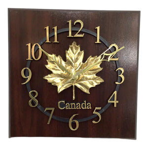 Made in Canada Wall Clock - Golden Maple Leaf w/ Numbers Crests Surrounding the Center Maple Leaf
