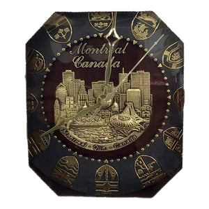Made in Canada Wall Clock - Montreal Skyline w/ Canadian Province Hickory in Circle Around