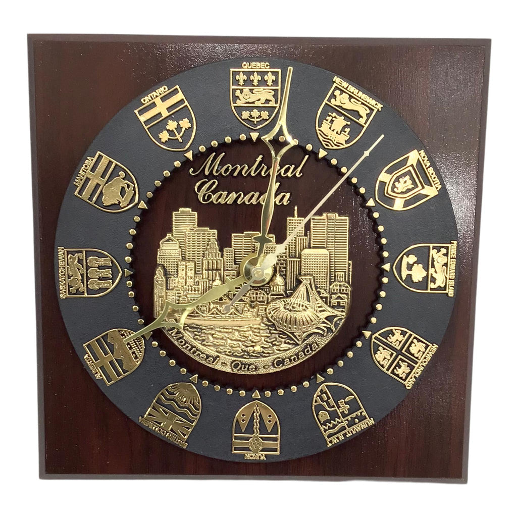 Made in Canada Wall Clock - Montreal Skyline w/ Canadian Province Hickory in Circle Around