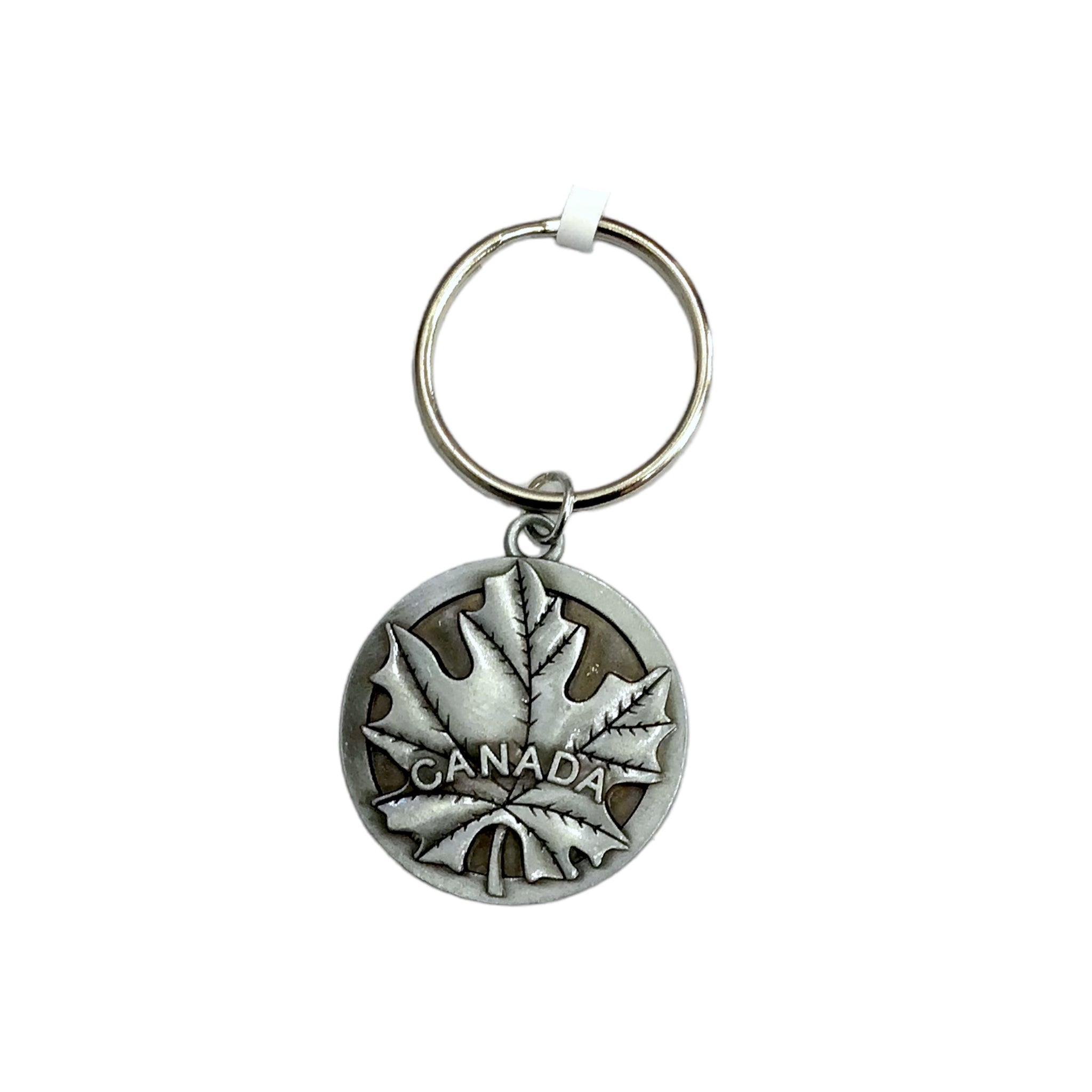 Maple Leaf Pewter Keychain - Canada Circle Shaped Key Ring Embossed 3D Maple Leaf Key Fob