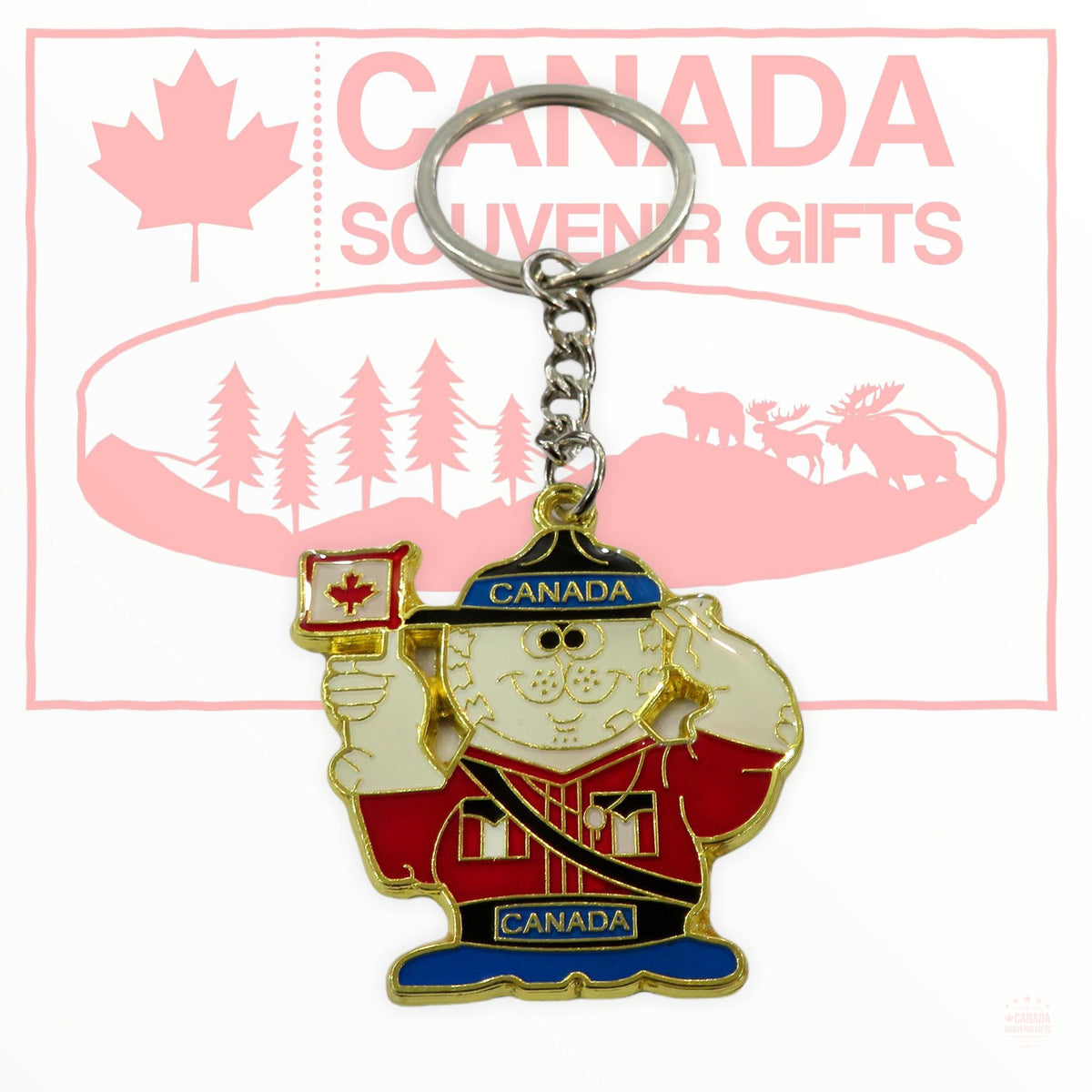 Metal Diecast Keychain - Beaver RCMP Officer Holding Canada Flag | Key