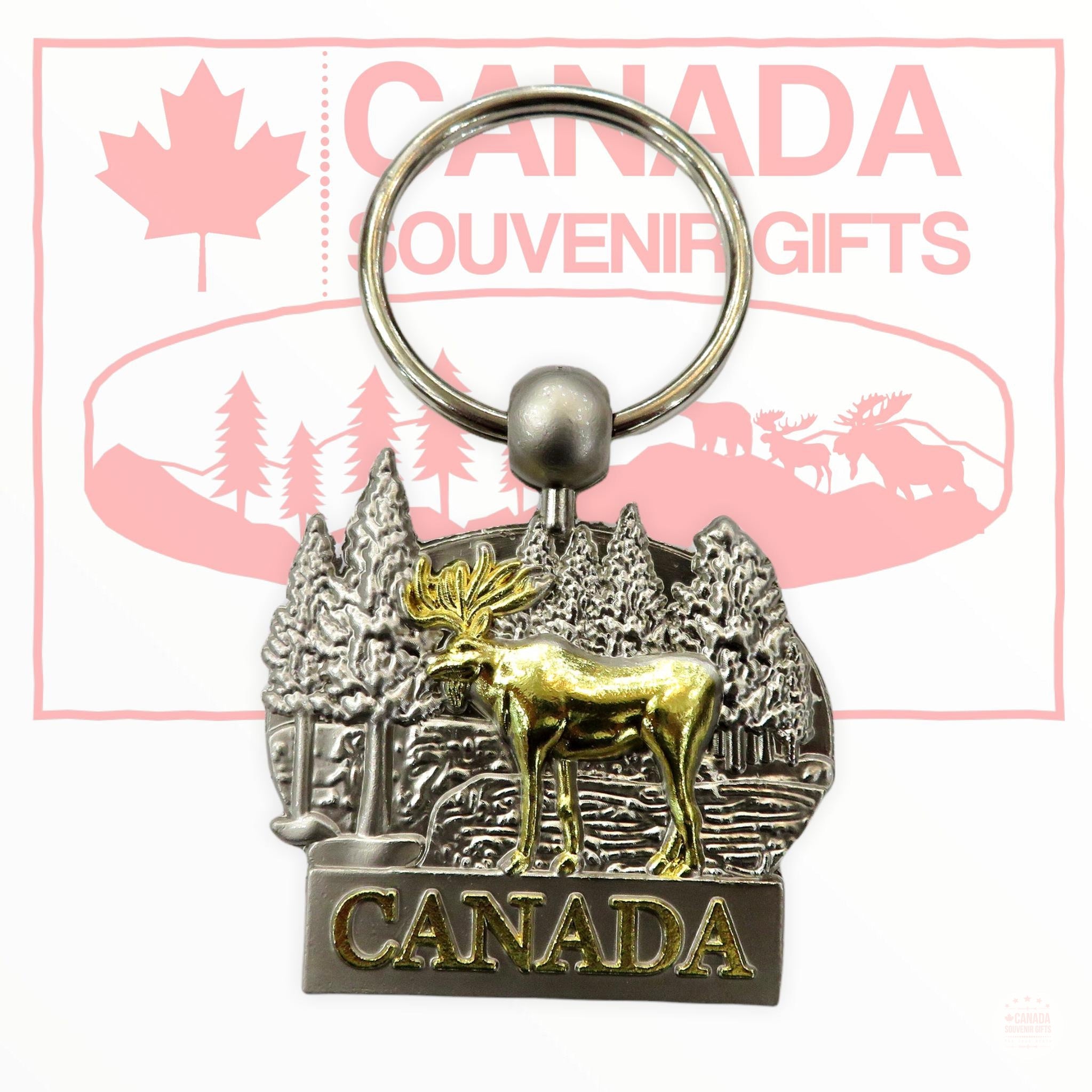 Metal Keychain - Canada Moose in Gold Tone Key Holder - Silver Tone Background Key Fob