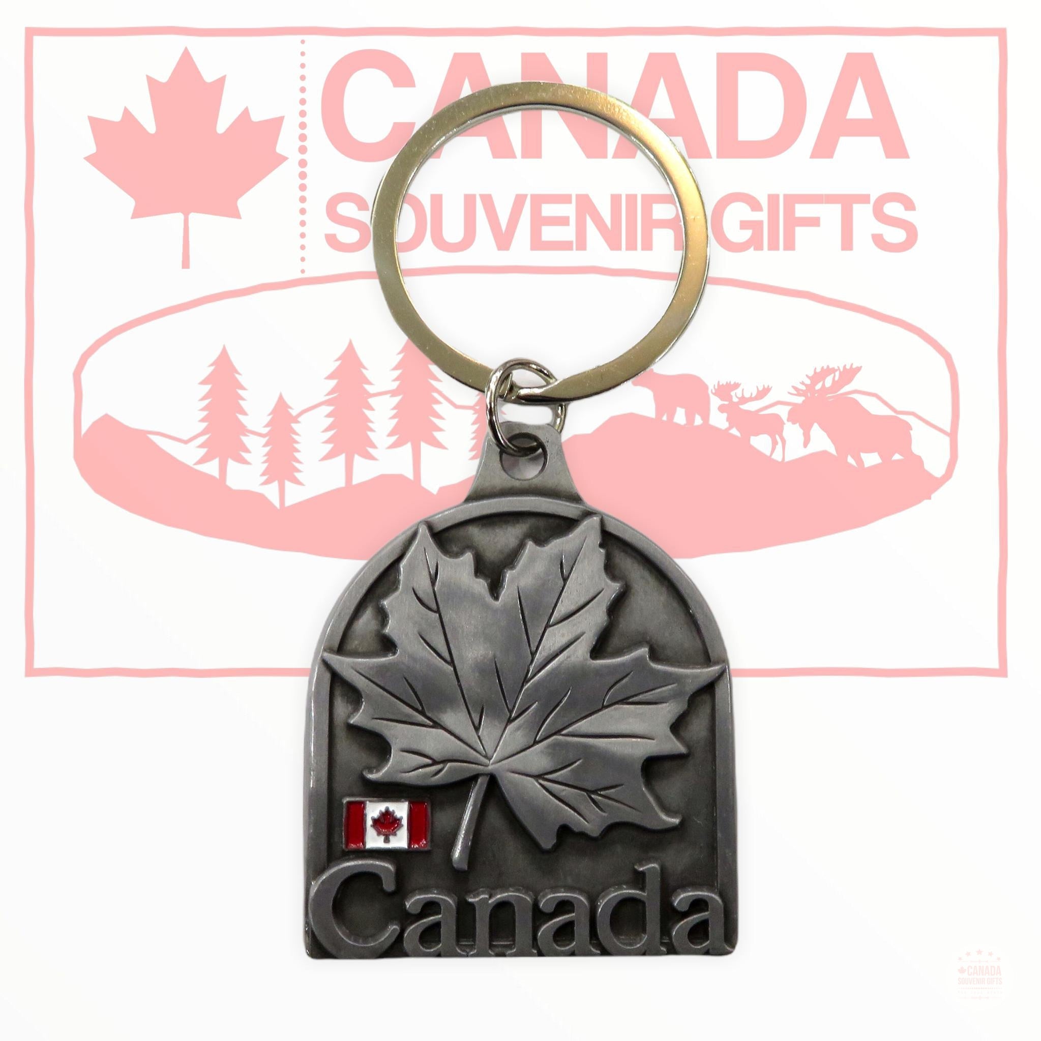 Metal Keychain Silver - Maple Leaf with Canada Flag Key Ring - Elegant Key Holder Souvenir Montreal Quebec Canada