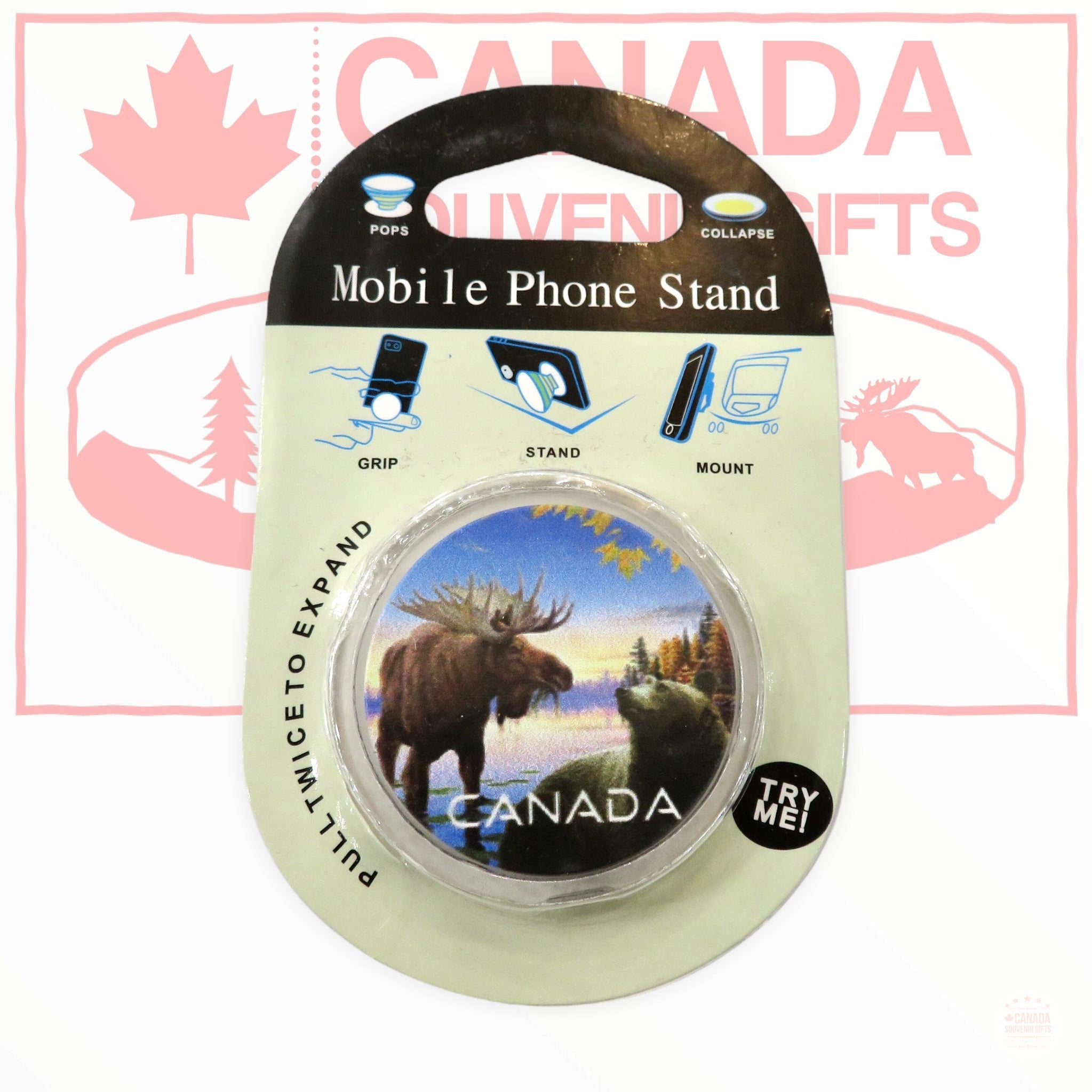 Mobile Phone Stand - Canada Moose and Bear Phone Pop-Grip Stand Mount - Canada Maple Leaf - Montreal Skyline View