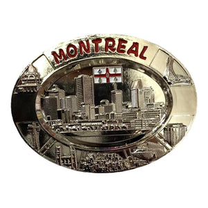 Montreal 3D Skyline Vintage Fridge Magnet Oval Shaped Metal Die Cast Silver Bronze and Chrome Tone