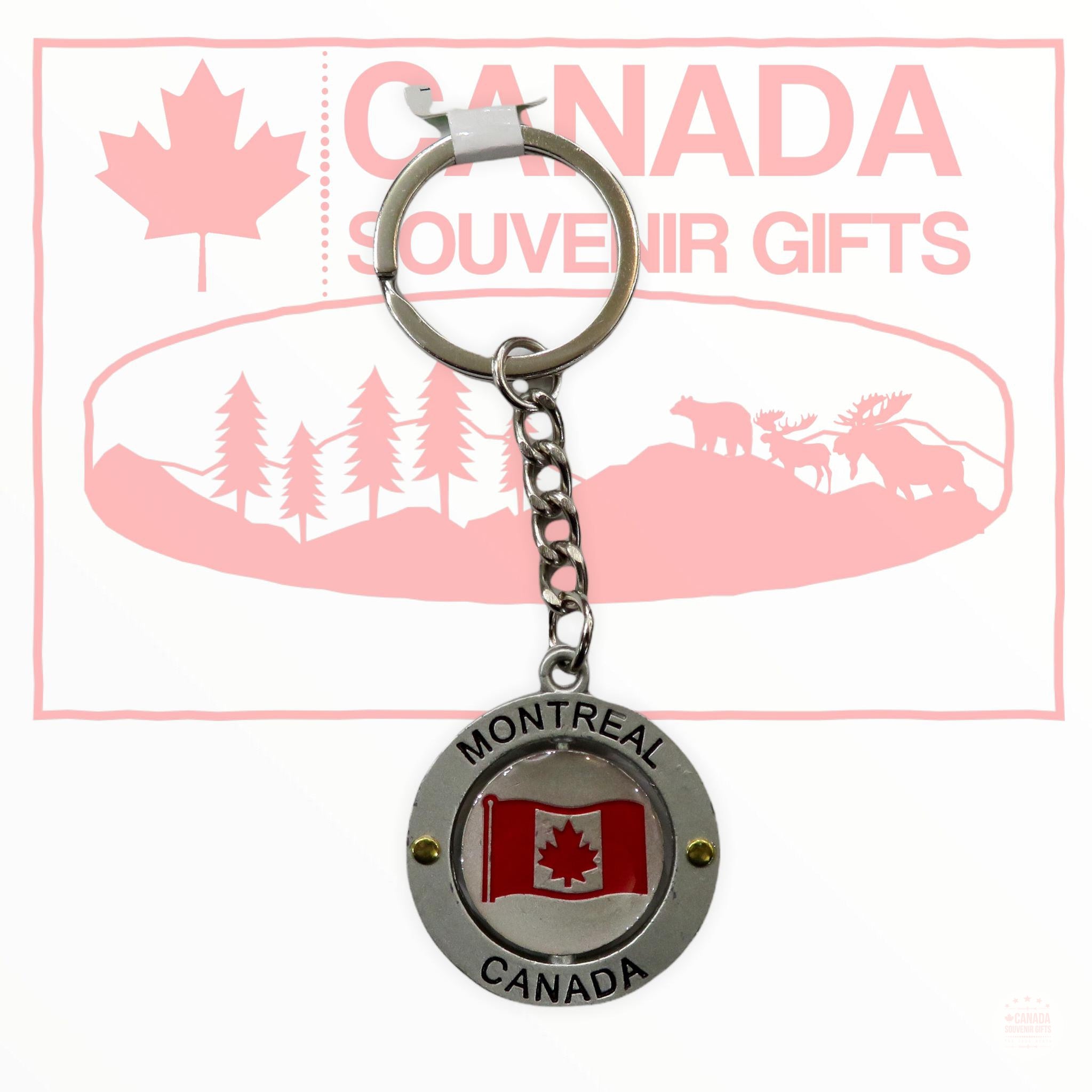 Montreal Canada Keychain Circle Shape with Canadian Flag Spinning in t