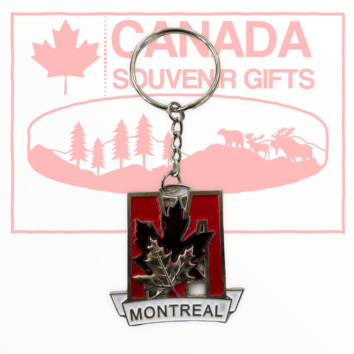Montreal M Shaped Keychain with Red Silver Maple Leaves Pewter Keyring