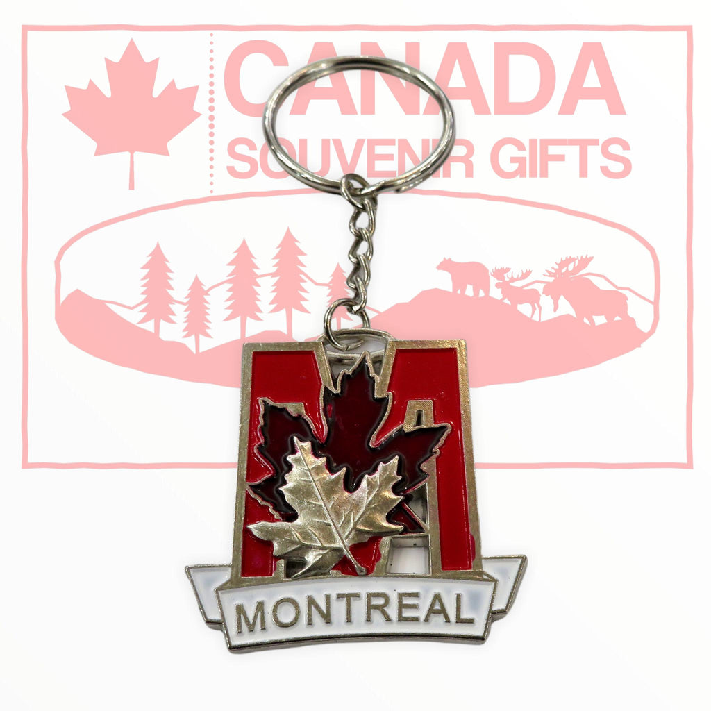 Montreal M Shaped Keychain with Red Silver Maple Leaves Pewter Keyring, Key Fob Metal